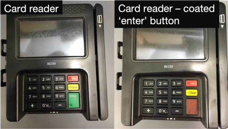 Card reader enter button before coating and after coating.